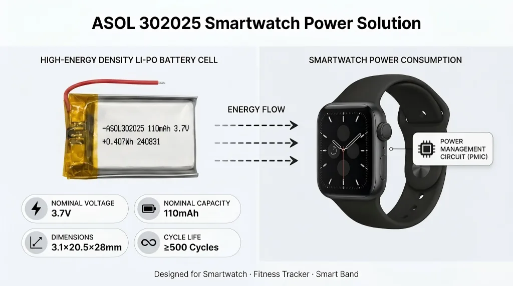 ASOL 302025 3.7V 110mAh Li-Po battery infographic — smart watches and TWS earbuds