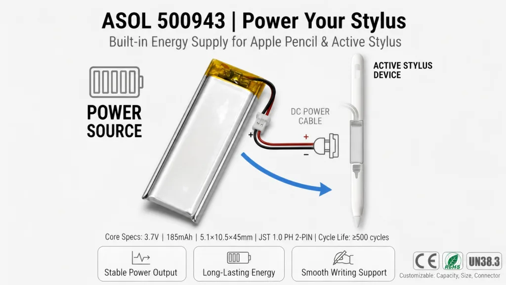 ASOL 500943 3.7V 185mAh Li-Polymer battery infographic — smart pens and digital styli