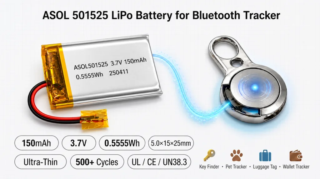 ASOL 501525 3.7V 150mAh Li-Po battery infographic — Bluetooth and GPS trackers and smart tags