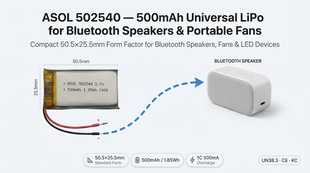 ASOL 502540 3.7V 500mAh Li-Po battery infographic — TWS earbud charging cases and Bluetooth speakers
