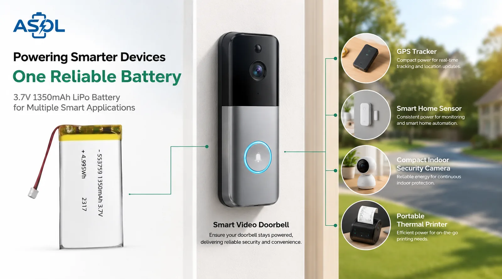 ASOL 553759 3.7V 1350mAh Li-Po battery infographic — smart video doorbells, GPS trackers, security cameras