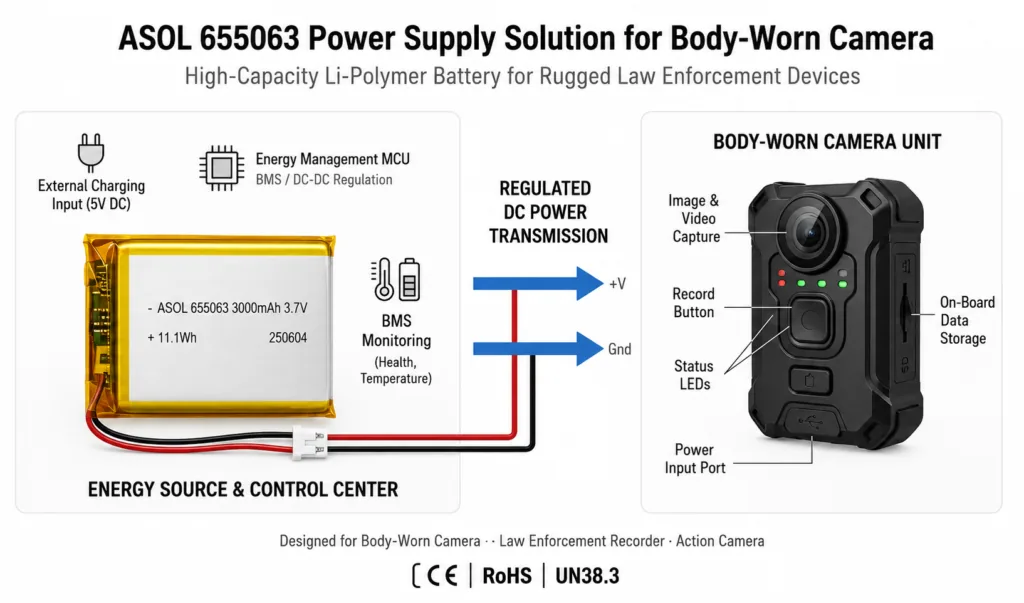 ASOL 655063 3.7V 3000mAh Li-Po battery infographic — body cameras and handheld scanners