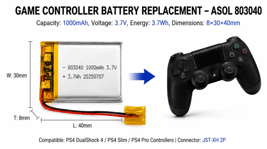 ASOL 803040 3.7V 1000mAh Li-Po battery infographic — POS terminals and barcode scanners