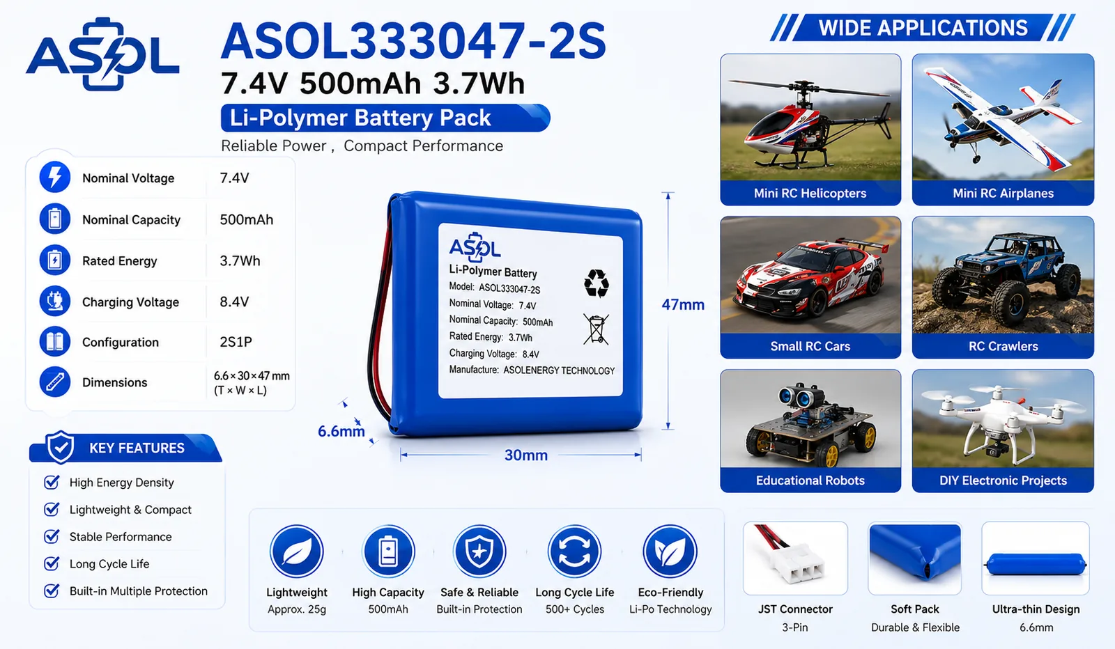 ASOL 333047 2S 7.4V 500mAh Li-Polymer Battery Pack