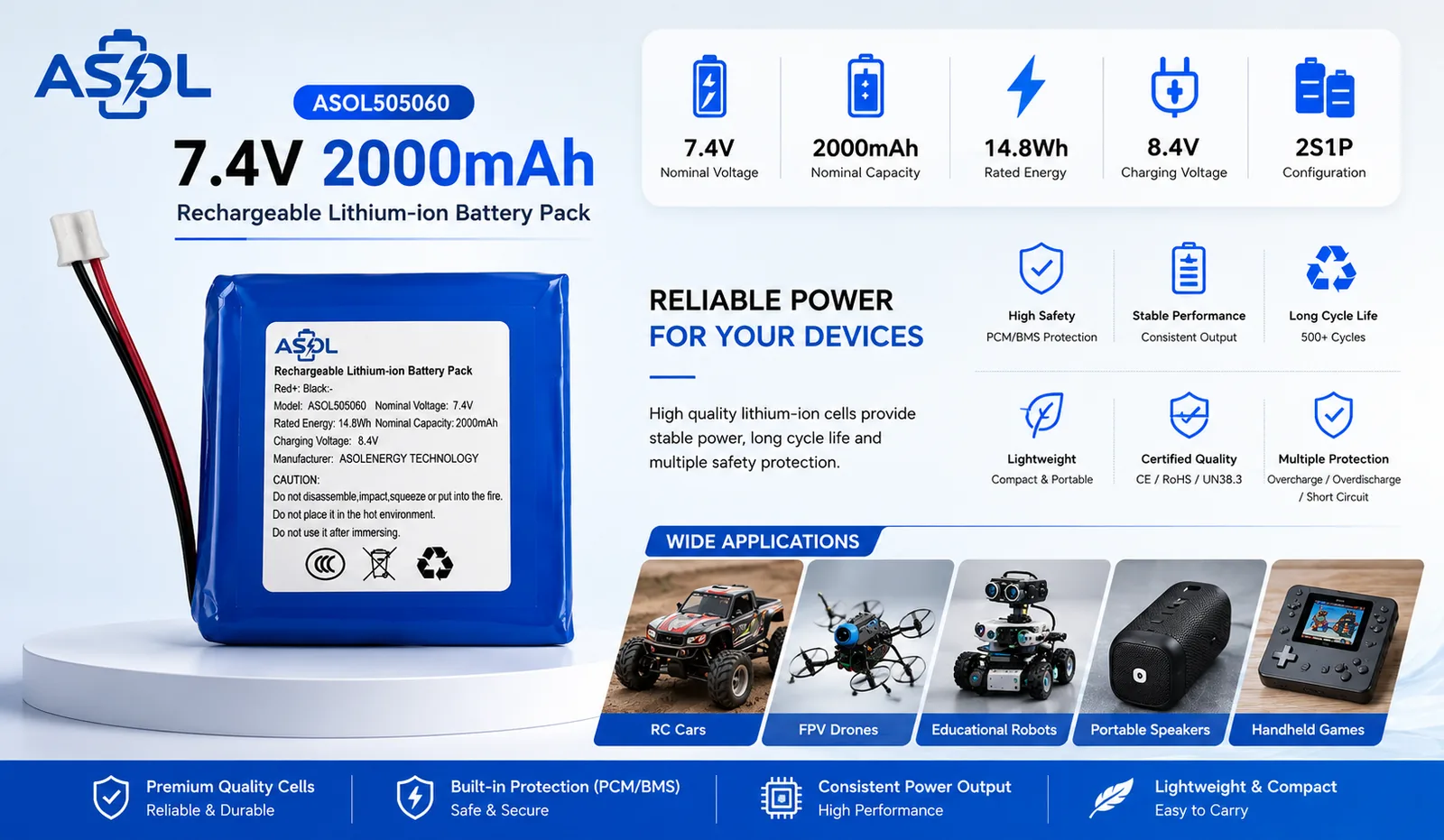 ASOL 505060 7.4V 2000mAh Li-ion Battery Pack