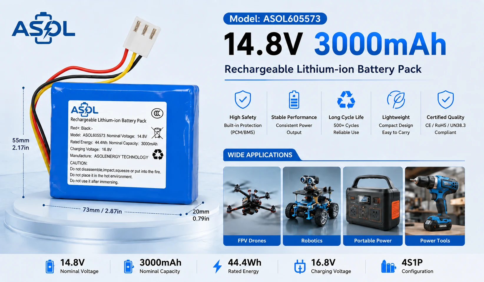 ASOL 605573 14.8V 3000mAh Li-ion Battery Pack