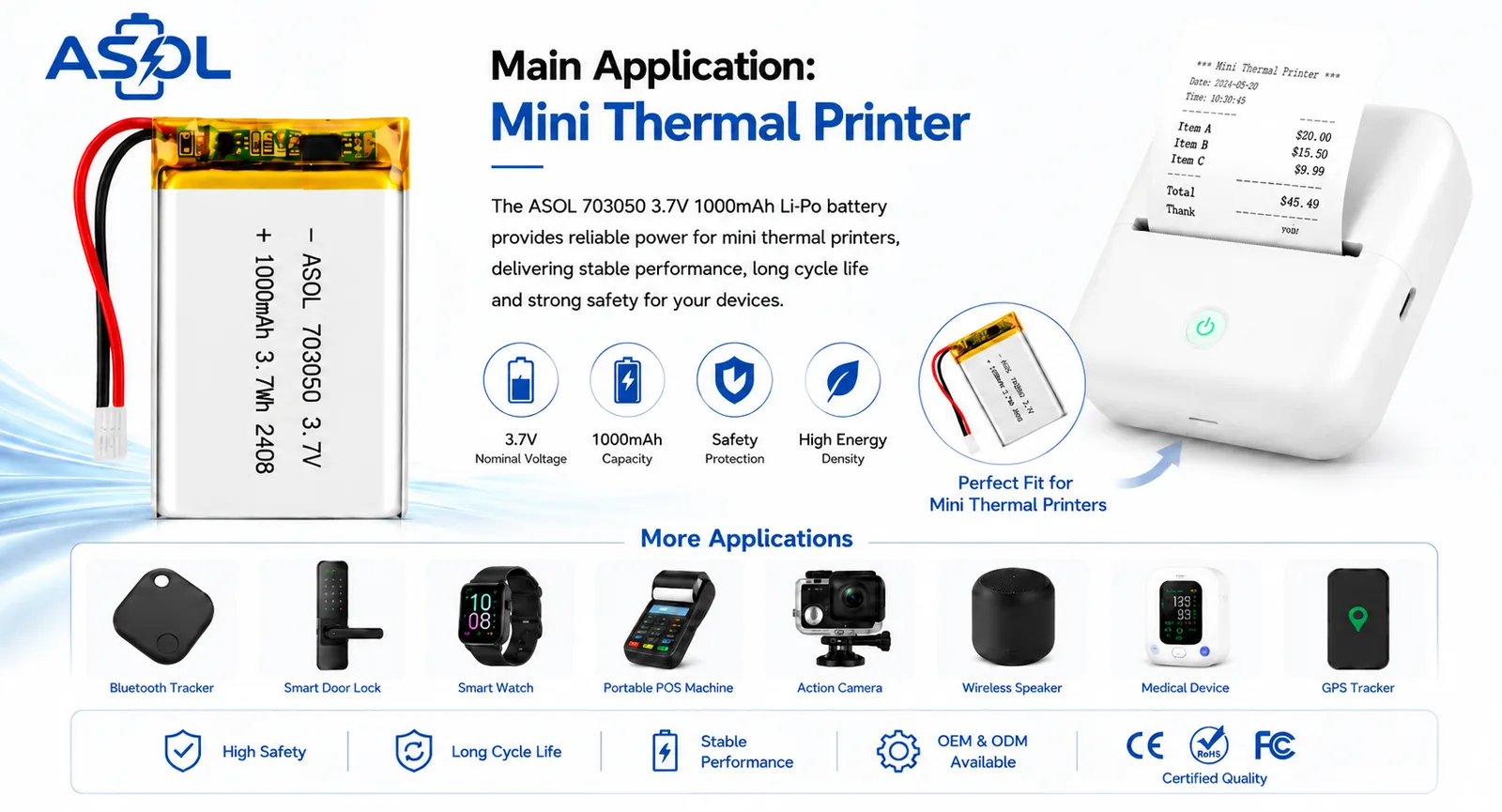 ASOL 703050 3.7V 1000mAh Lithium Polymer battery infographic &mdash; mini thermal printers and smart doorbells