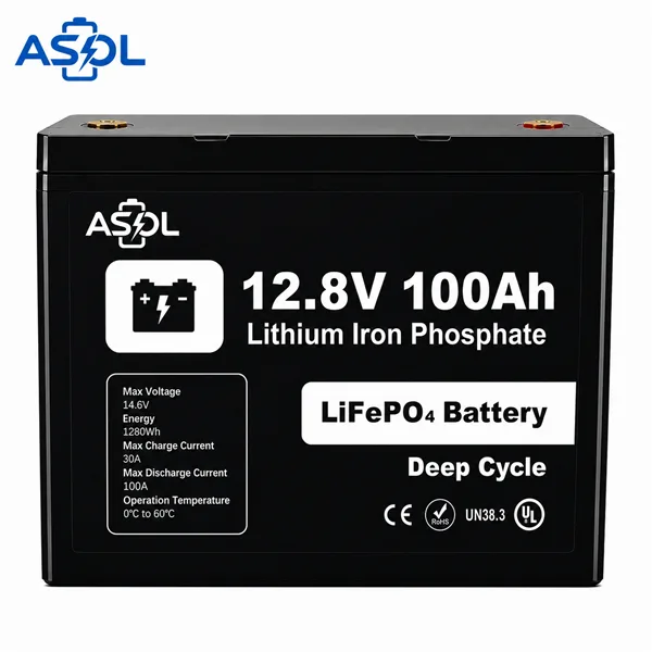 ASOL 12.8V 100Ah LiFePO4 deep cycle battery for RV, camping and solar