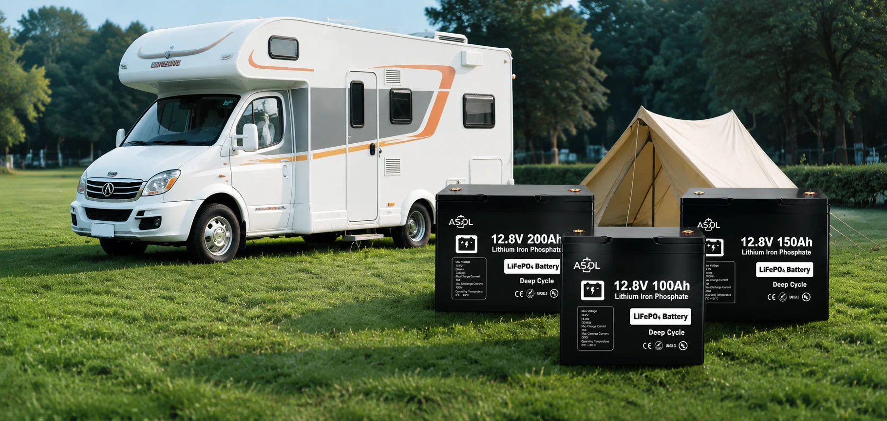 ASOL 12.8V LiFePO4 deep cycle batteries with an RV and tent at a grassy campsite