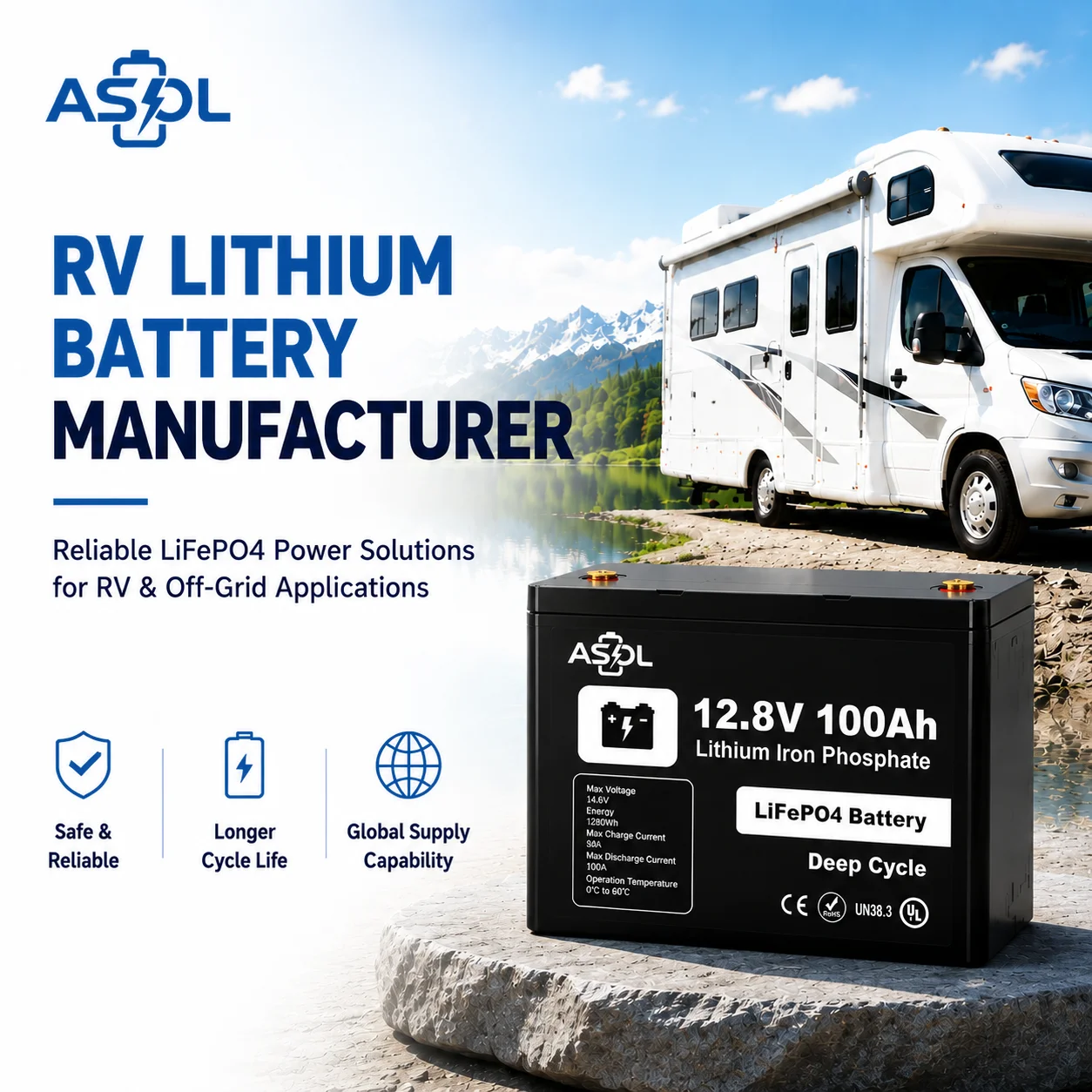 ASOL RV LiFePO4 lithium battery manufacturer — 100Ah, 200Ah and 300Ah deep cycle batteries