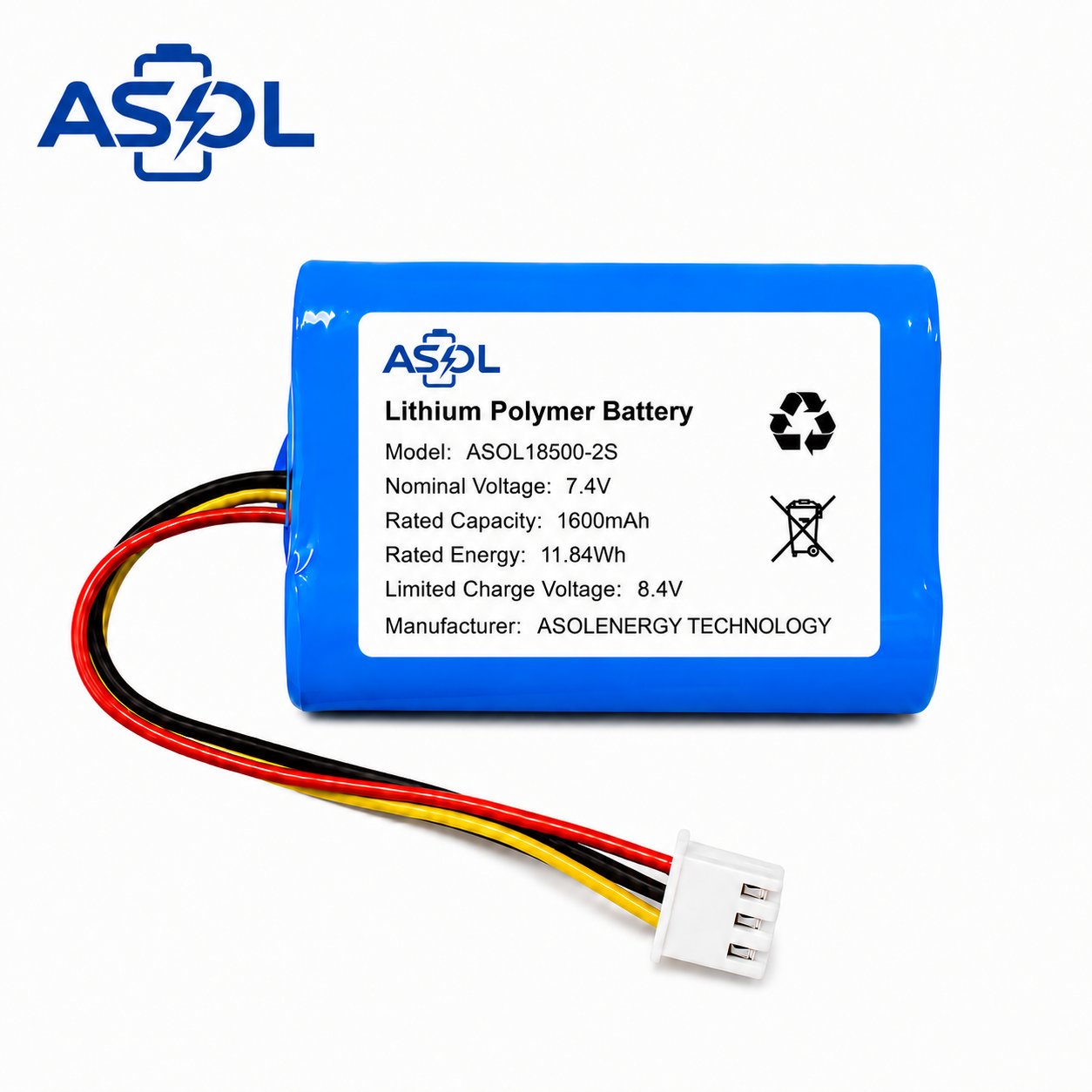 ASOL 18500 2S 7.4V 1600mAh cylindrical Li-ion battery pack