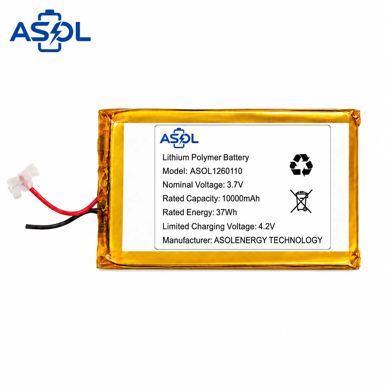 ASOL 1260110 3.7V 10000mAh Lithium Polymer Battery Cell